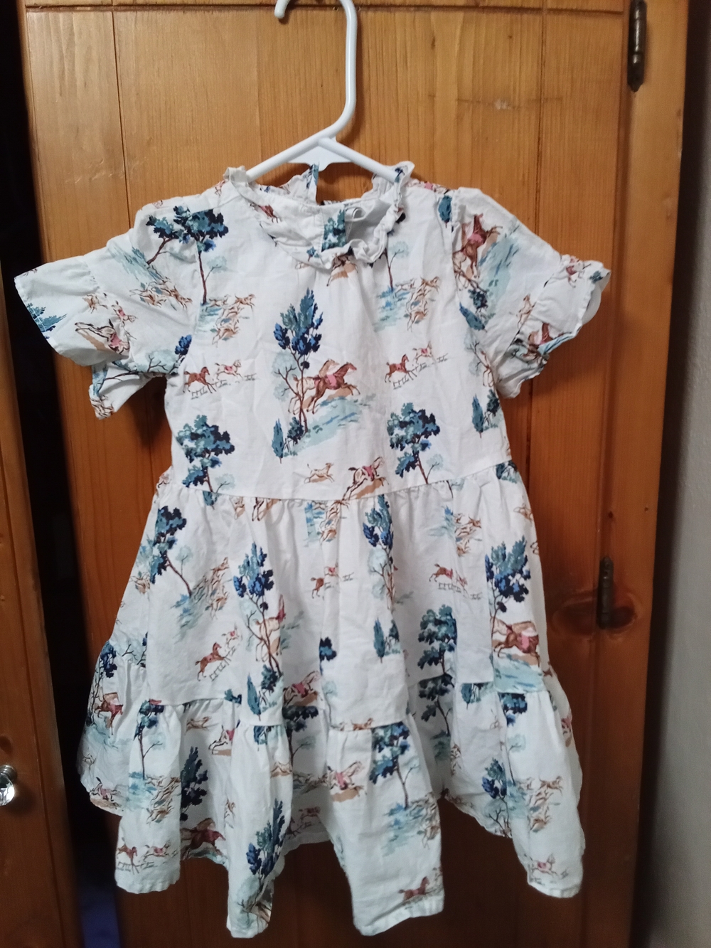 Janie and Jack White Dress with Blue & Brown Horse and Tree Print